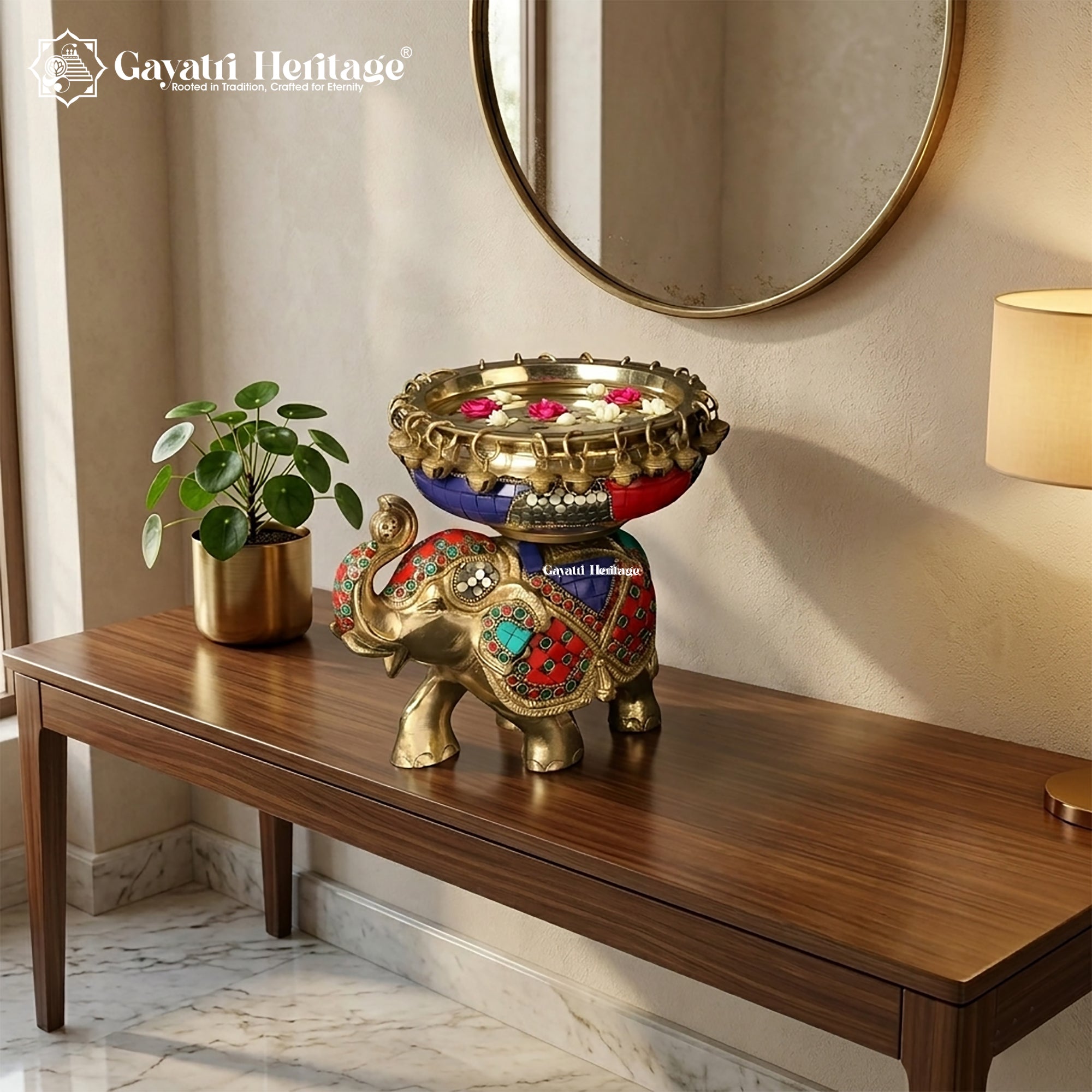 Brass Elephant with Urli in Stone Work – Royal Decor | Gayatri Heritage