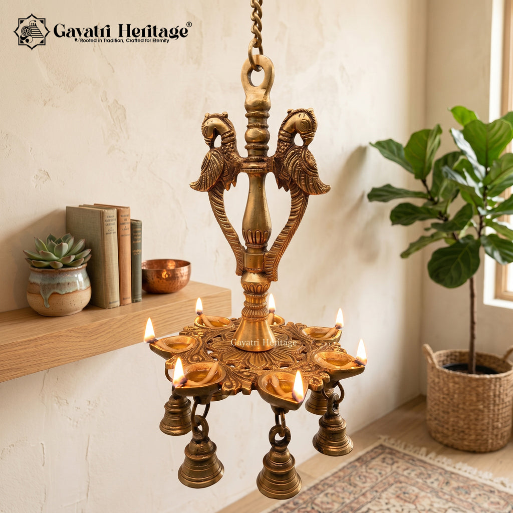 Brass 8-Wick Diya – Mayur Design Traditional Lamp | Gayatri Heritage