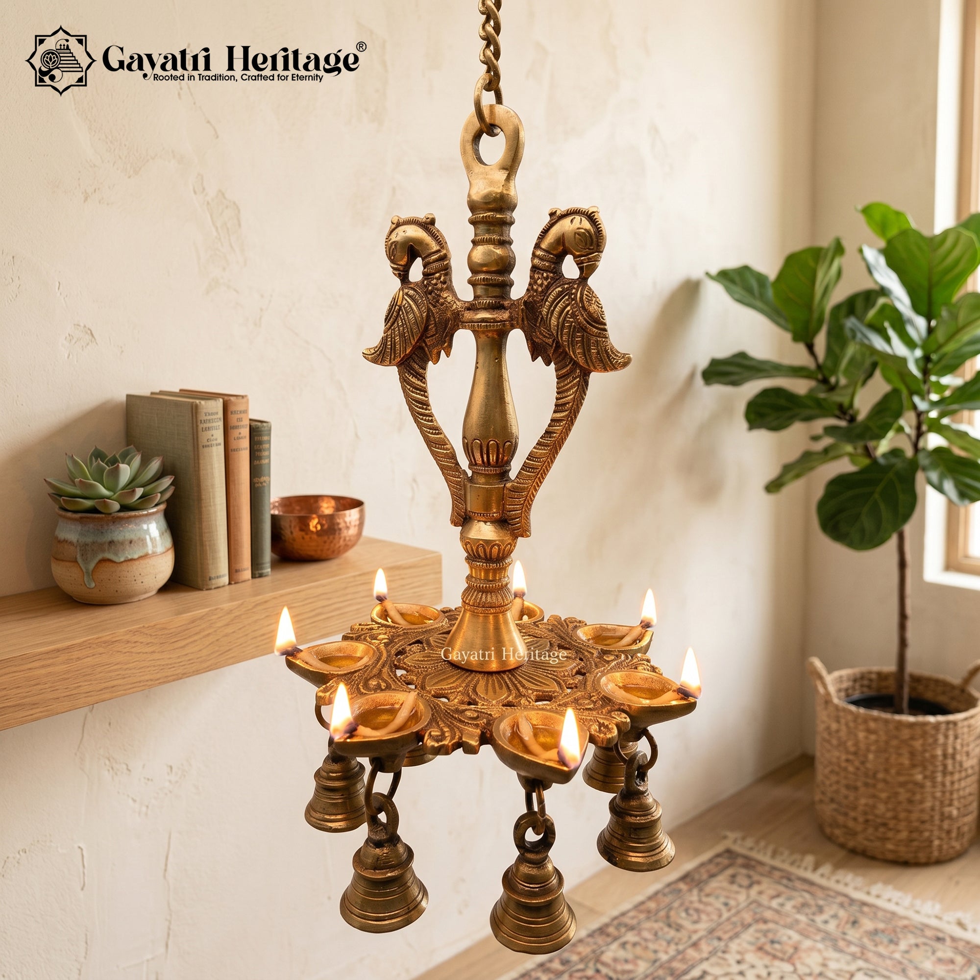 Brass 8-Wick Diya – Mayur Design Traditional Lamp | Gayatri Heritage
