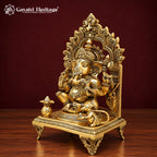 Brass Ganesha Idol on Singhasan Throne with Kirtimukha Arch, Kalash & Mouse | Handcrafted Ganpati Murti for Home Mandir