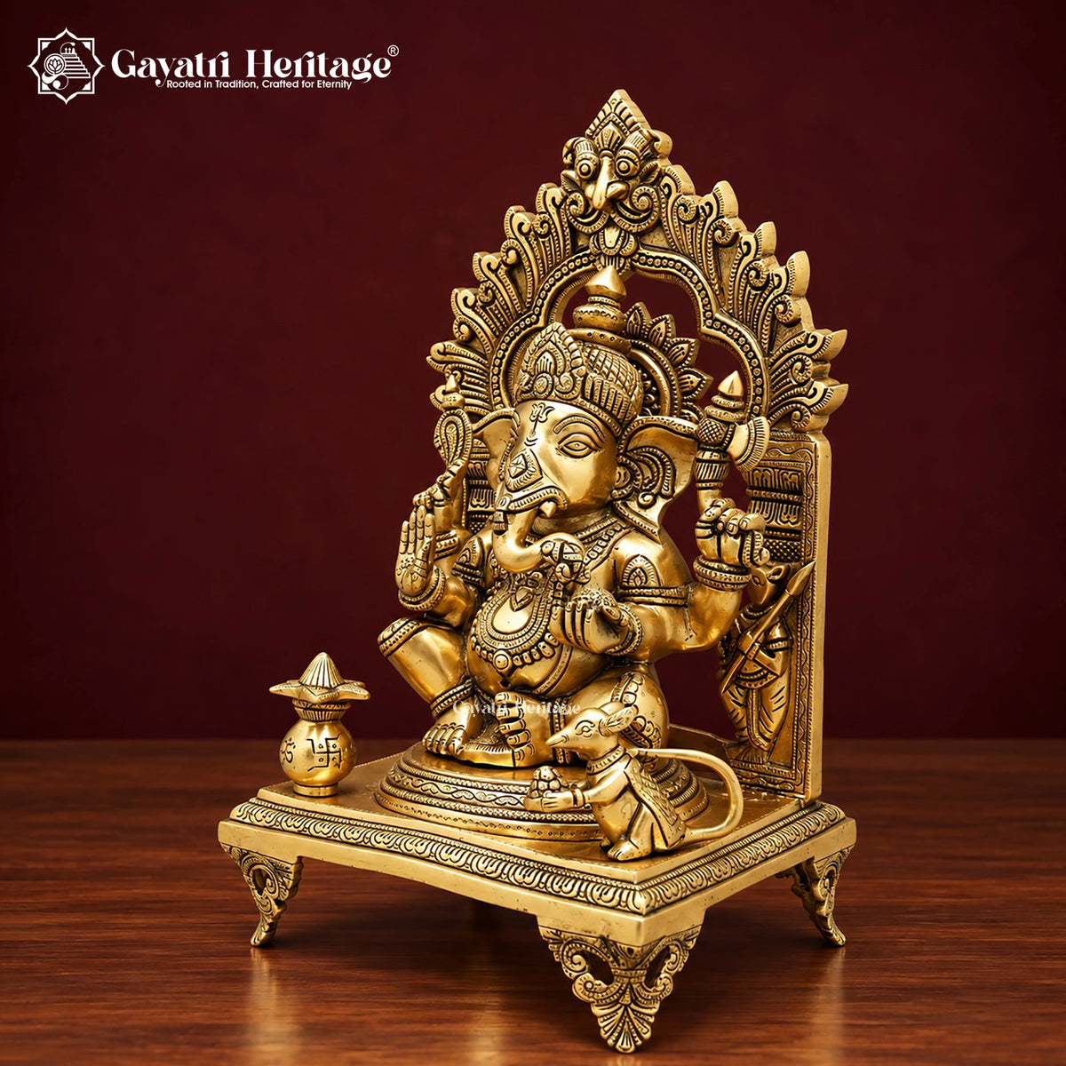 Brass Ganesha Idol on Singhasan Throne with Kirtimukha Arch, Kalash & Mouse | Handcrafted Ganpati Murti for Home Mandir