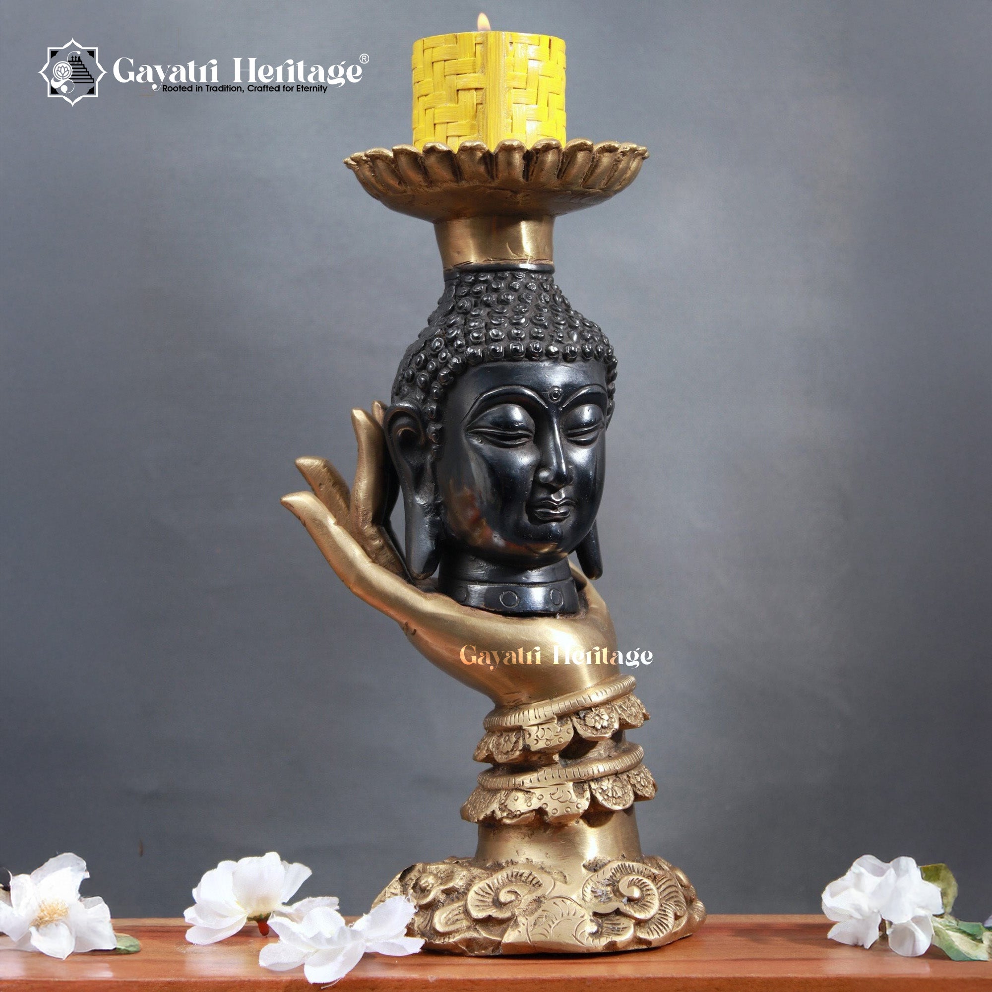 Brass Buddha Candle Stand in Black Finish – Elegant Serenity and Calming Light | Gayatri Heritage - Gayatri Heritage