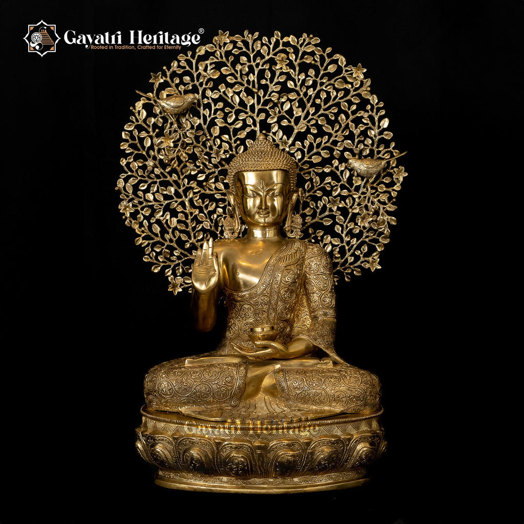 Brass Buddha Statue in Vitarpa Mudra Sitting Under the Tree – Symbol of Enlightenment and Peace | Gayatri Heritage - Gayatri Heritage