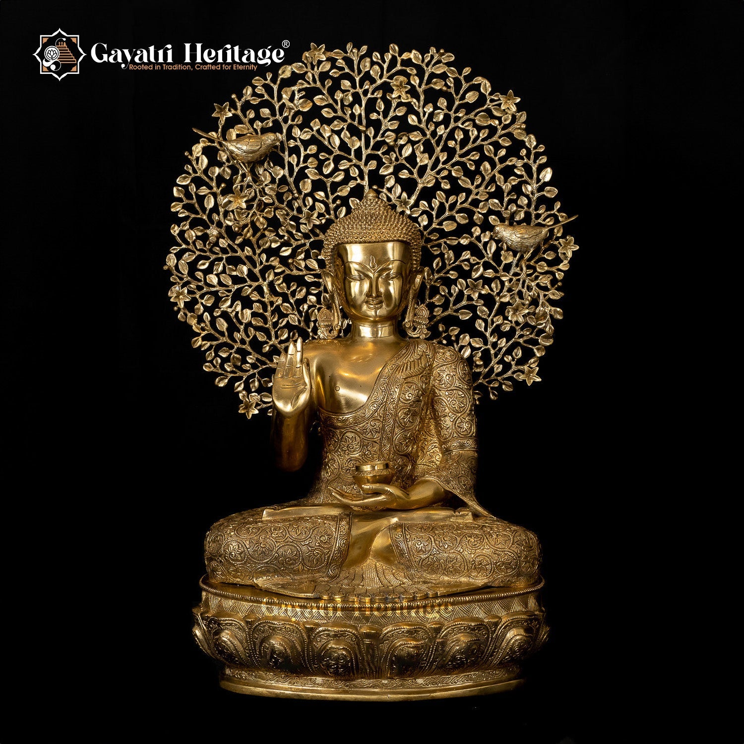 Brass Buddha Statue in Vitarpa Mudra Sitting Under the Tree – Symbol of Enlightenment and Peace | Gayatri Heritage - Gayatri Heritage