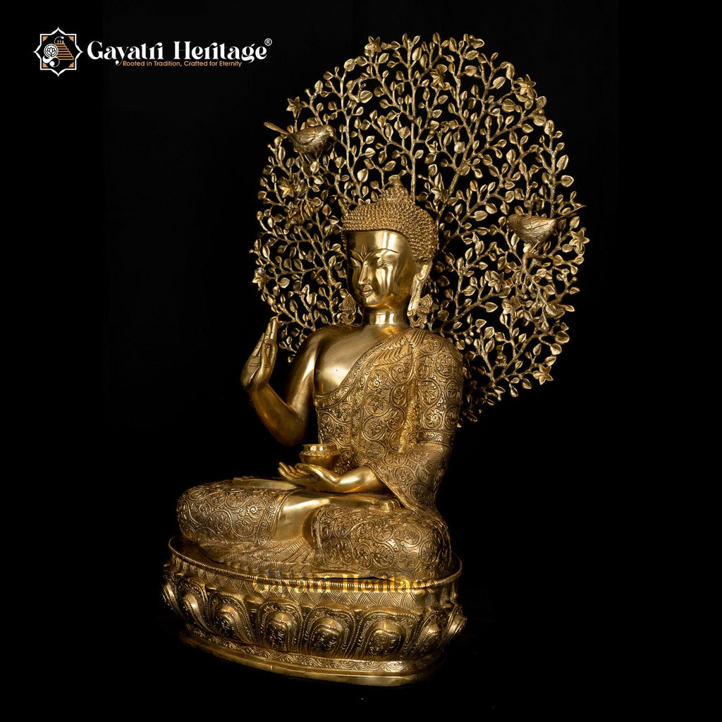Brass Buddha Statue in Vitarpa Mudra Sitting Under the Tree – Symbol of Enlightenment and Peace | Gayatri Heritage - Gayatri Heritage