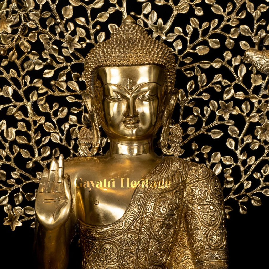 Brass Buddha Statue in Vitarpa Mudra Sitting Under the Tree – Symbol of Enlightenment and Peace | Gayatri Heritage - Gayatri Heritage