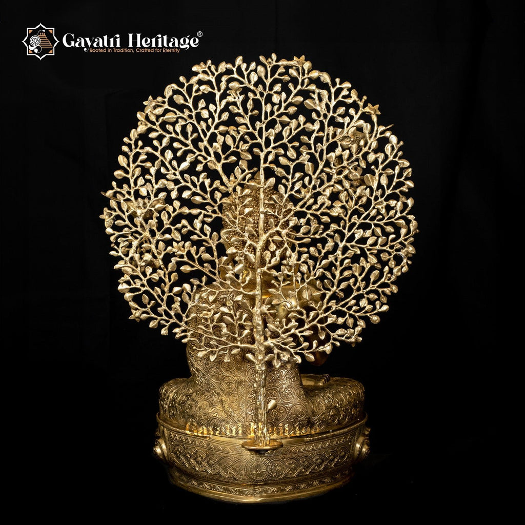 Brass Buddha Statue in Vitarpa Mudra Sitting Under the Tree – Symbol of Enlightenment and Peace | Gayatri Heritage - Gayatri Heritage
