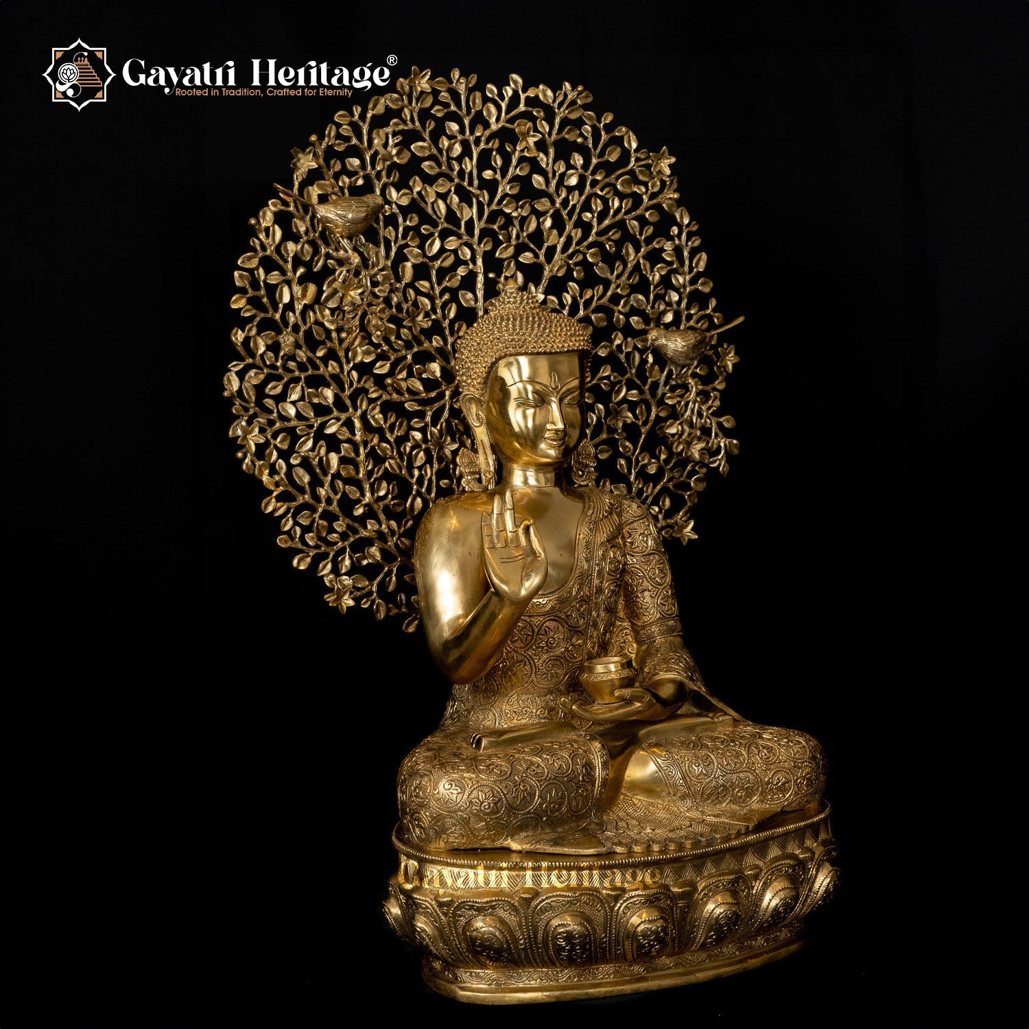 Brass Buddha Statue in Vitarpa Mudra Sitting Under the Tree – Symbol of Enlightenment and Peace | Gayatri Heritage - Gayatri Heritage