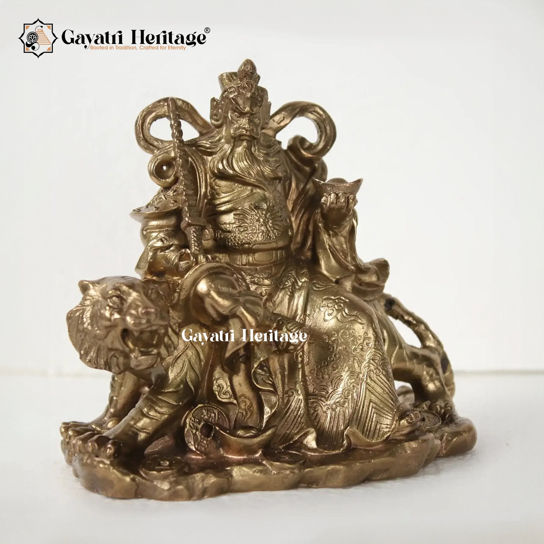 Brass Caishan King Statue Sitting on Lion – Symbol of Strength and Royalty | Gayatri Heritage - Gayatri Heritage
