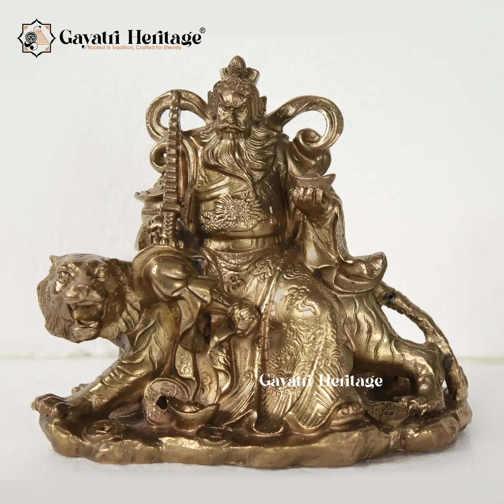 Brass Caishan King Statue Sitting on Lion – Symbol of Strength and Royalty | Gayatri Heritage - Gayatri Heritage