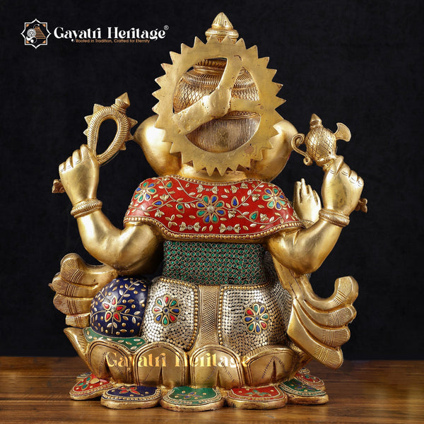 Brass Chaturbhuja Ganesha with Stone Work – Sacred Blessings and Artistic Craftsmanship | Gayatri Heritage - Gayatri Heritage