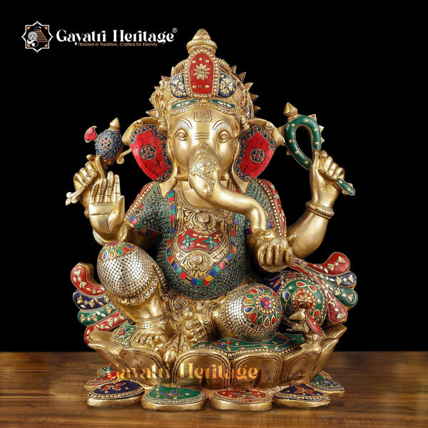 Brass Chaturbhuja Ganesha with Stone Work – Sacred Blessings and Artistic Craftsmanship | Gayatri Heritage - Gayatri Heritage