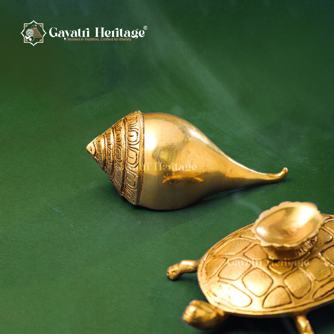 Brass Conch on Tortoise – Symbol of Prosperity and Spiritual Harmony | Gayatri Heritage - Gayatri Heritage