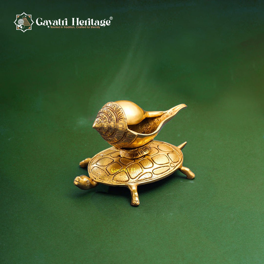 Brass Conch on Tortoise – Symbol of Prosperity and Spiritual Harmony | Gayatri Heritage - Gayatri Heritage