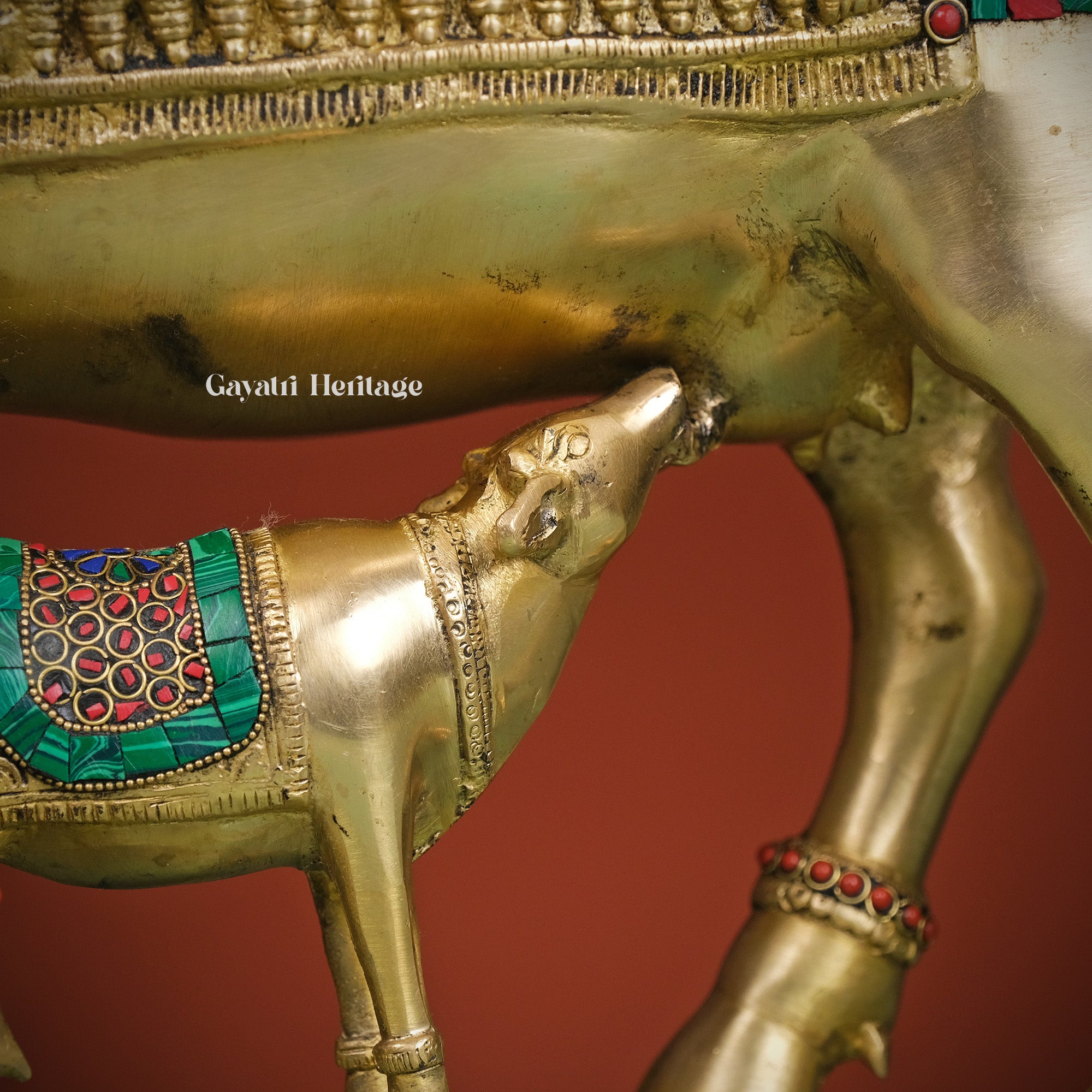 Brass Cow and Calf in Stone Work – Divine Symbol of Motherhood and Prosperity | Gayatri Heritage - Gayatri Heritage