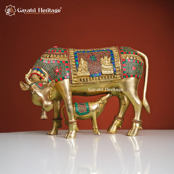Brass Cow and Calf in Stone Work – Divine Symbol of Motherhood and Prosperity | Gayatri Heritage - Gayatri Heritage