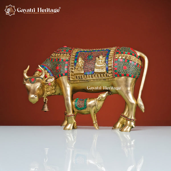 Brass Cow and Calf in Stone Work – Divine Symbol of Motherhood and Prosperity | Gayatri Heritage - Gayatri Heritage