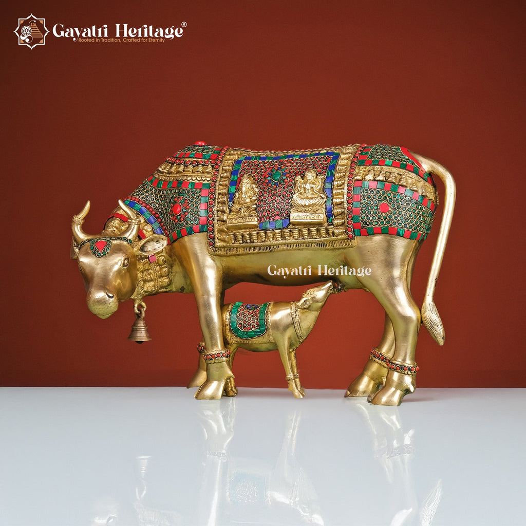 Brass Cow and Calf in Stone Work – Divine Symbol of Motherhood and Prosperity | Gayatri Heritage - Gayatri Heritage