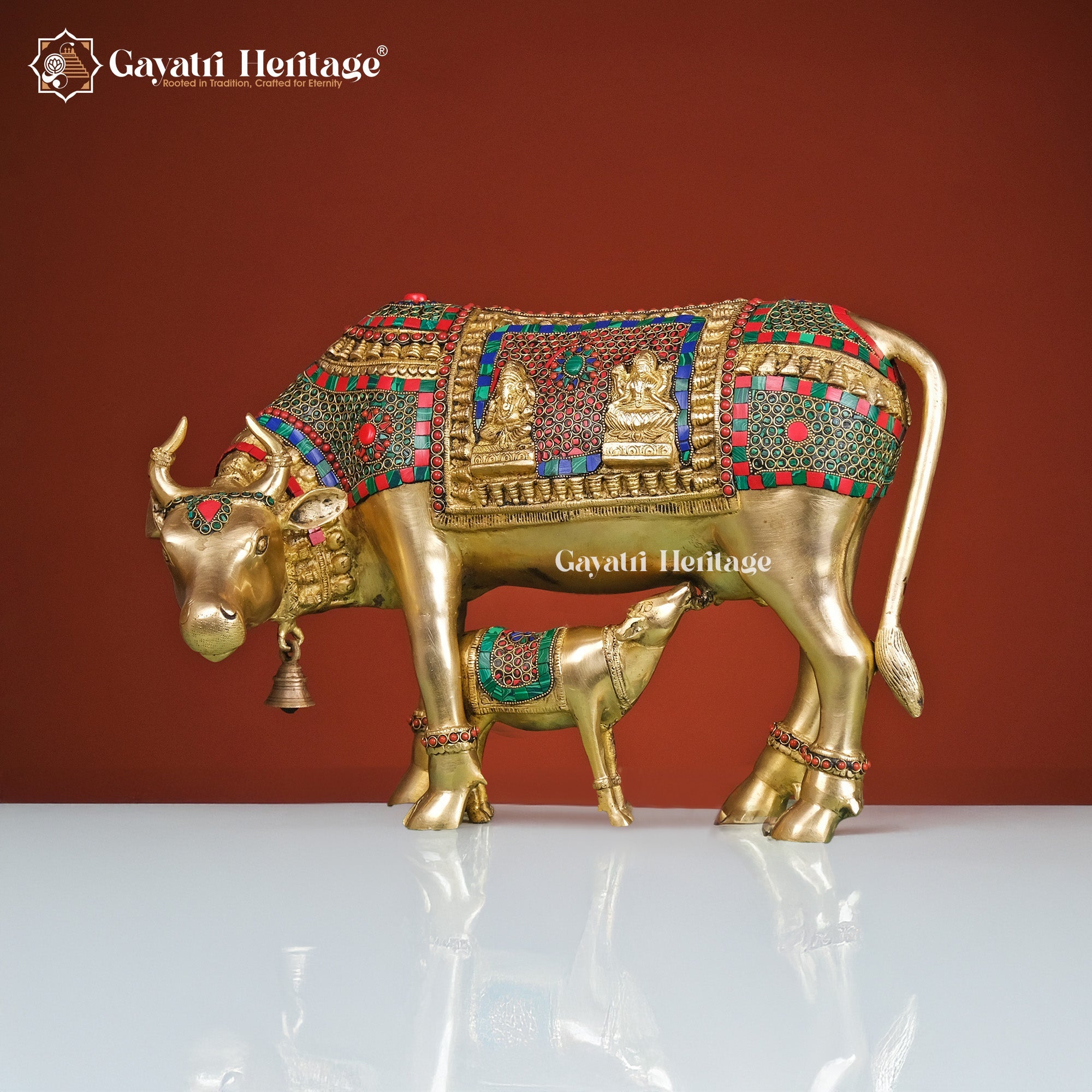 Brass Cow and Calf in Stone Work – Divine Symbol of Motherhood and Prosperity | Gayatri Heritage - Gayatri Heritage