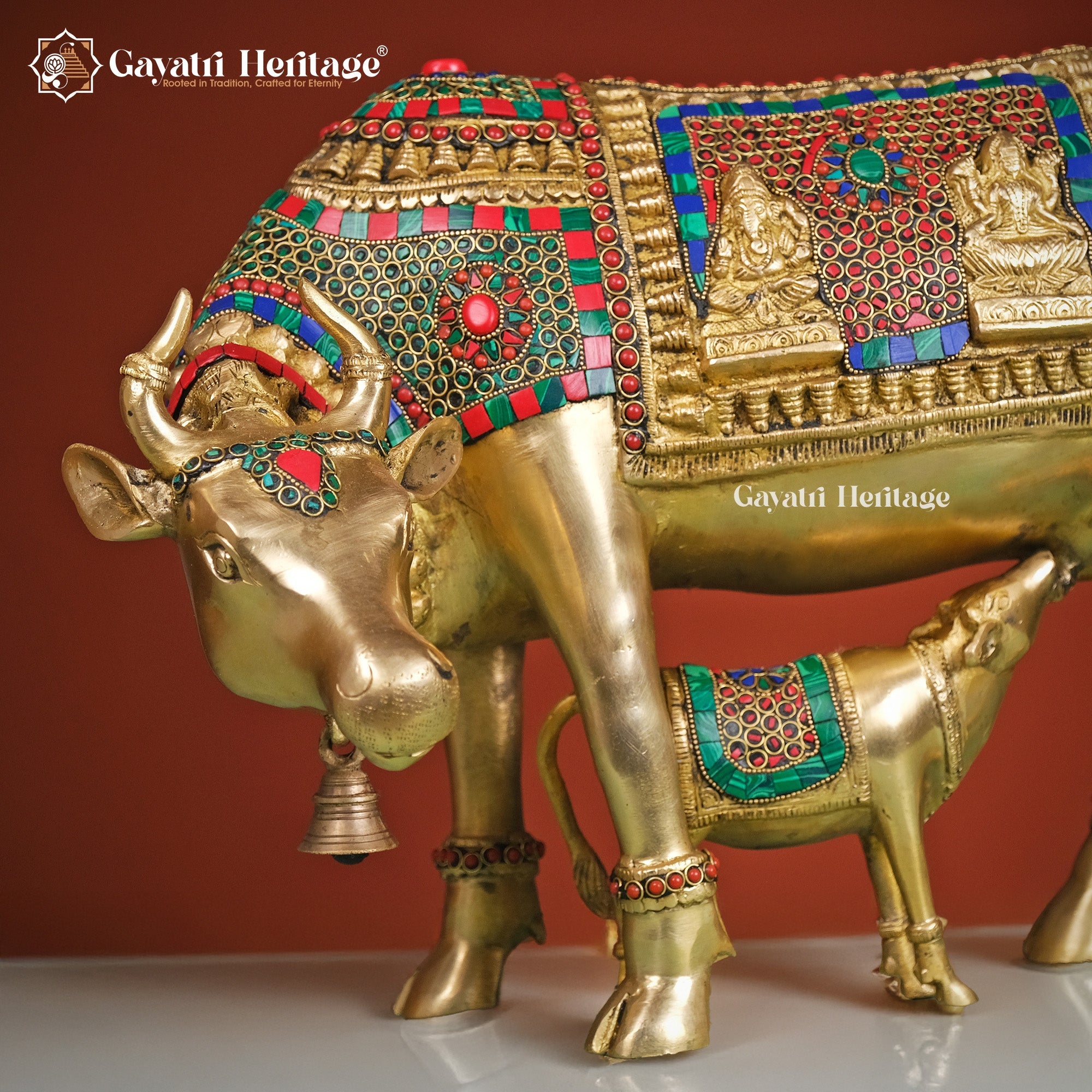 Brass Cow and Calf in Stone Work – Divine Symbol of Motherhood and Prosperity | Gayatri Heritage - Gayatri Heritage