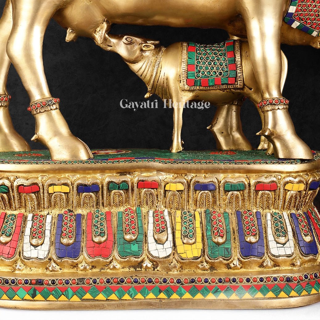 Brass Cow with Calf Statue in Stone Work – A Timeless Symbol of Nurturing and Prosperity | Gayatri Heritage - Gayatri Heritage