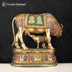 Brass Cow with Calf Statue in Stone Work – A Timeless Symbol of Nurturing and Prosperity | Gayatri Heritage - Gayatri Heritage