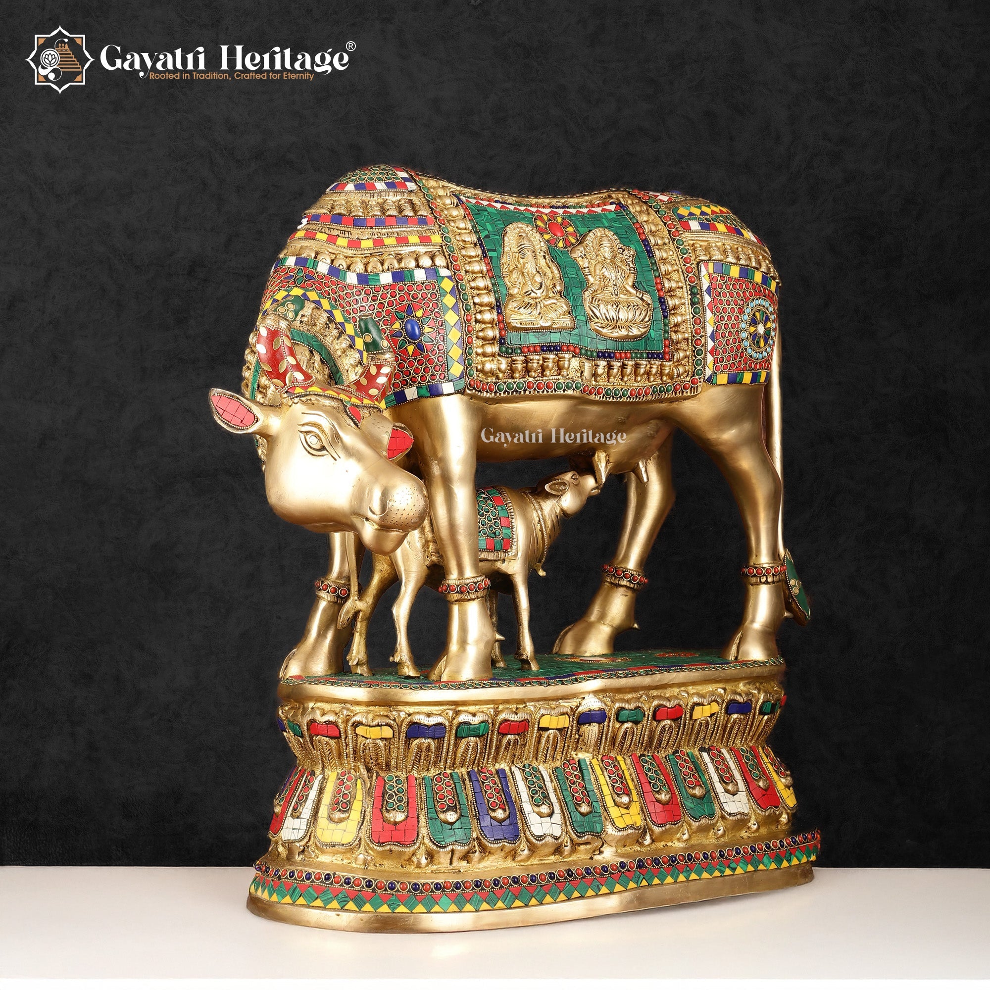 Brass Cow with Calf Statue in Stone Work – A Timeless Symbol of Nurturing and Prosperity | Gayatri Heritage - Gayatri Heritage