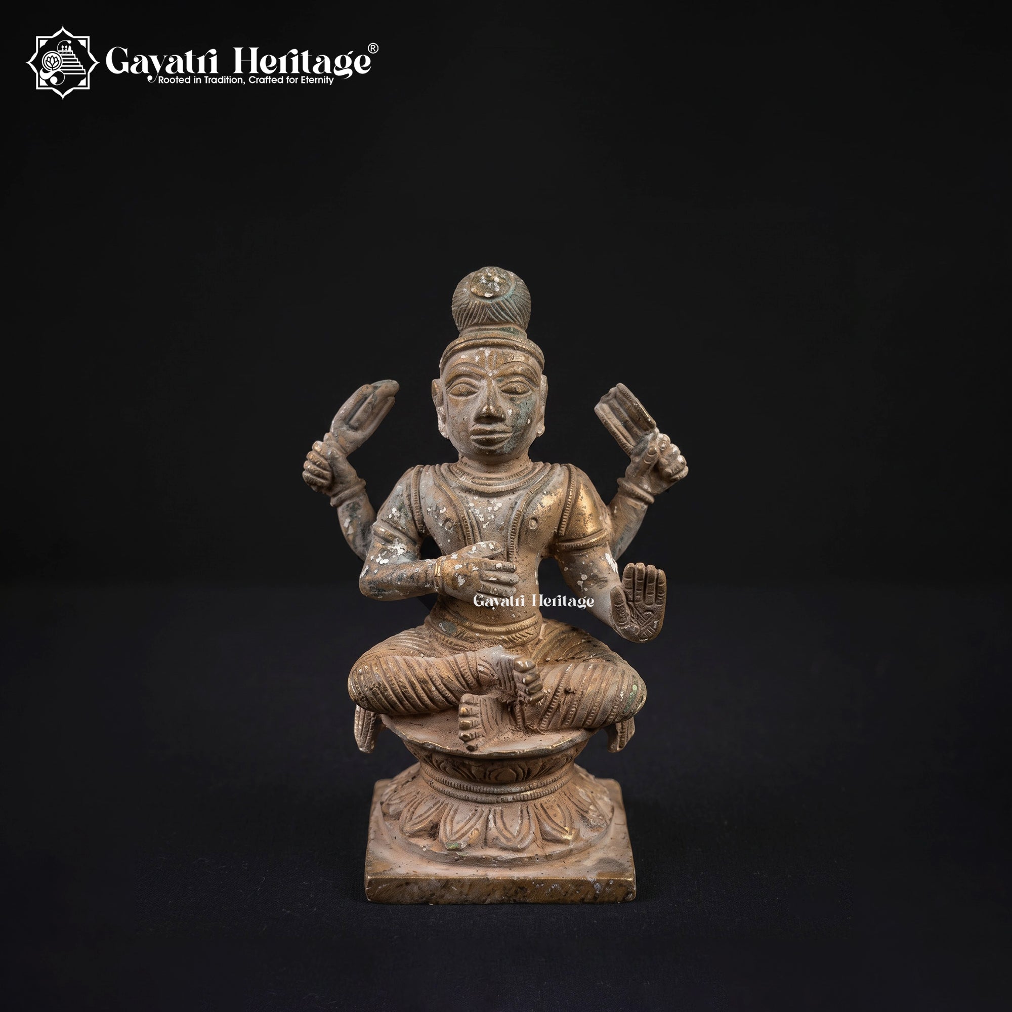 Antique Brass Durga Idol | Vintage Four-Armed Seated Goddess Statue