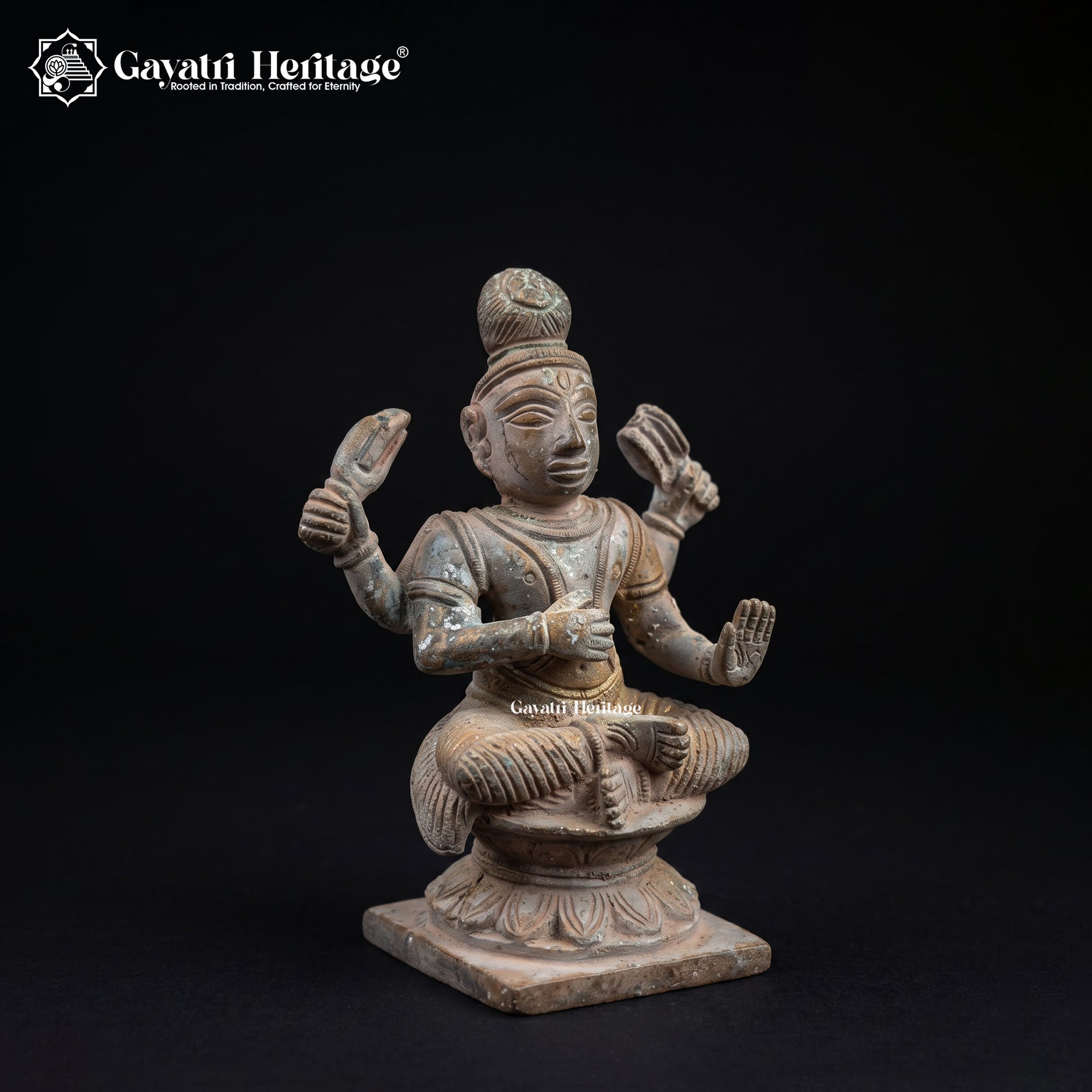 Antique Brass Durga Idol | Vintage Four-Armed Seated Goddess Statue