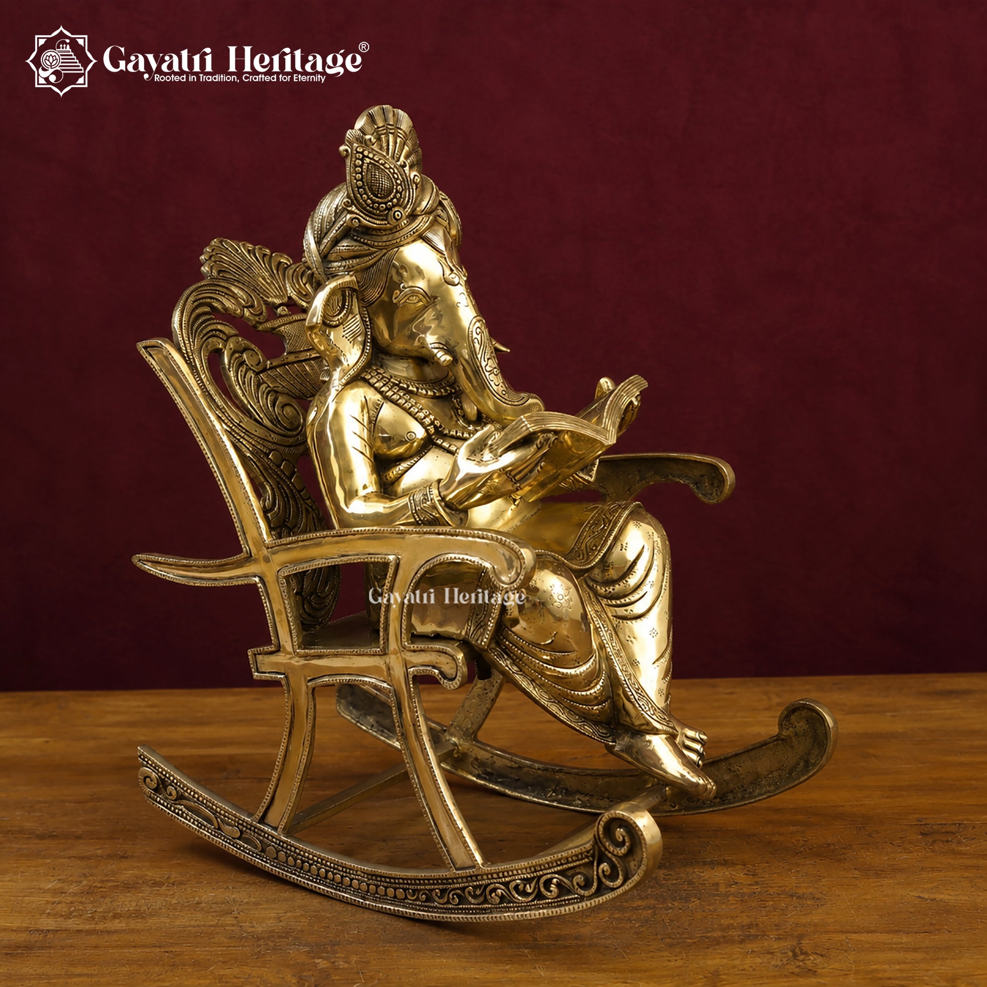 Brass Ganesha Reading Book Statue | Ganesh on Rocking Chair | Antique Sculpture | Unique Home Decor