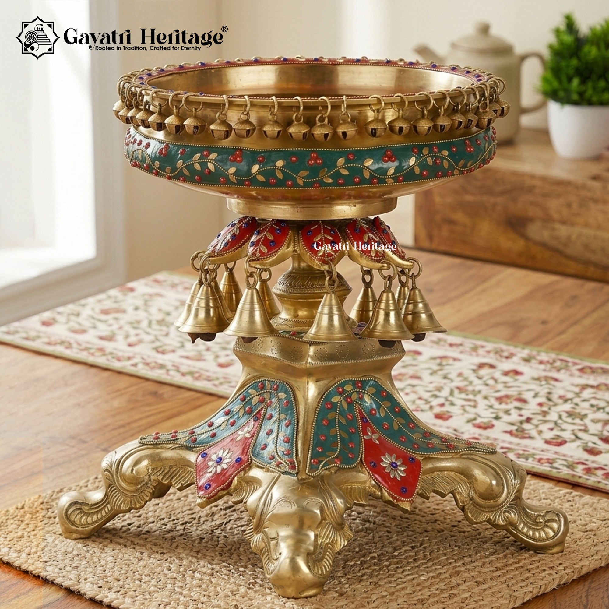 Brass Urli Bowl with Dangling Bells & Ghungroos – Decorative Inlay Work Centerpiece | Gayatri Heritage