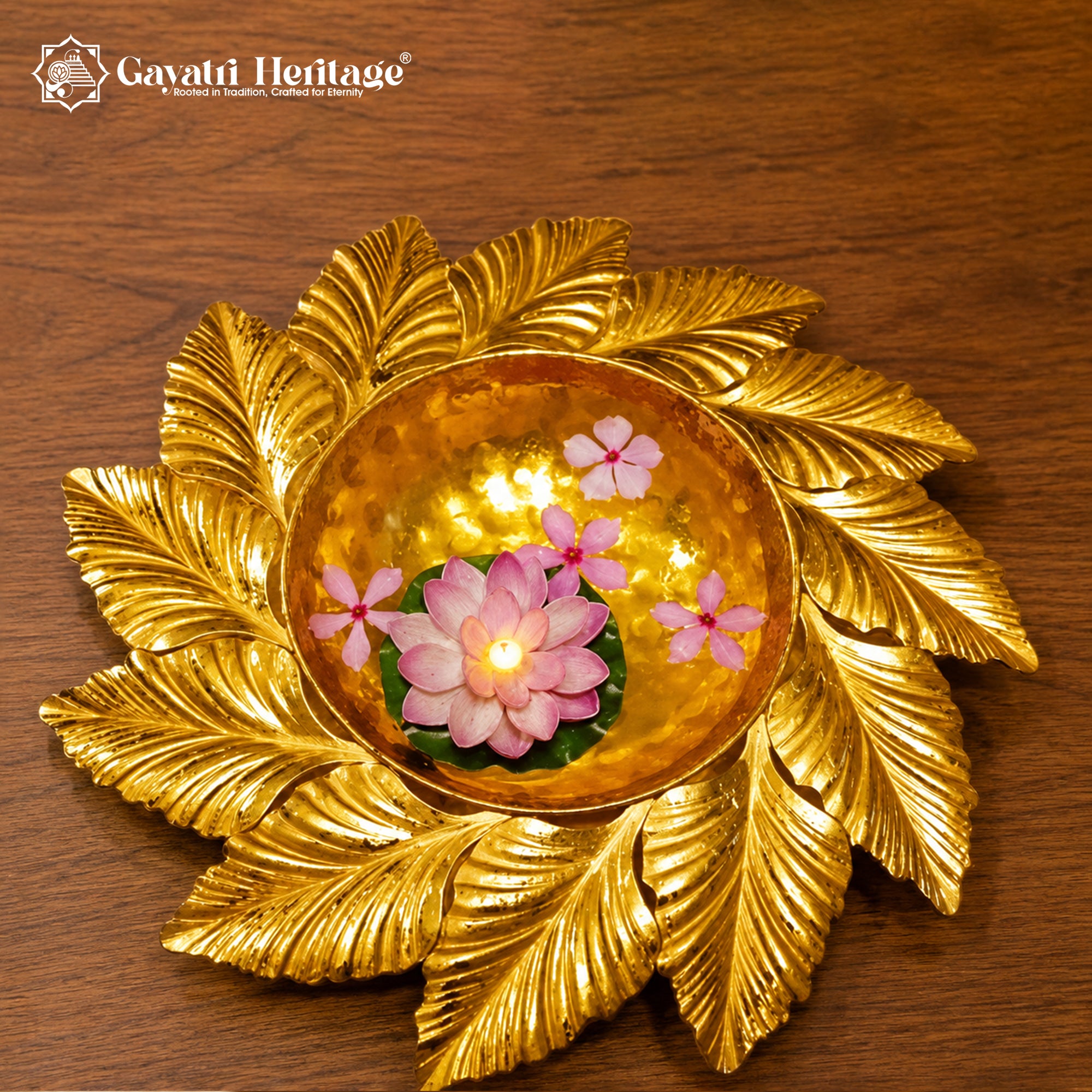 Leaf Urli Bowl – Hand-Hammered Gold Floating Flower Decor | Gayatri Heritage