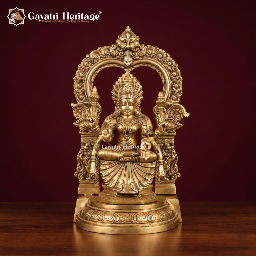 Brass Padmavathi Thayar Idol with Prabhavali Arch | Antique Gold Goddess Lakshmi Statue | South Indian Temple Decor