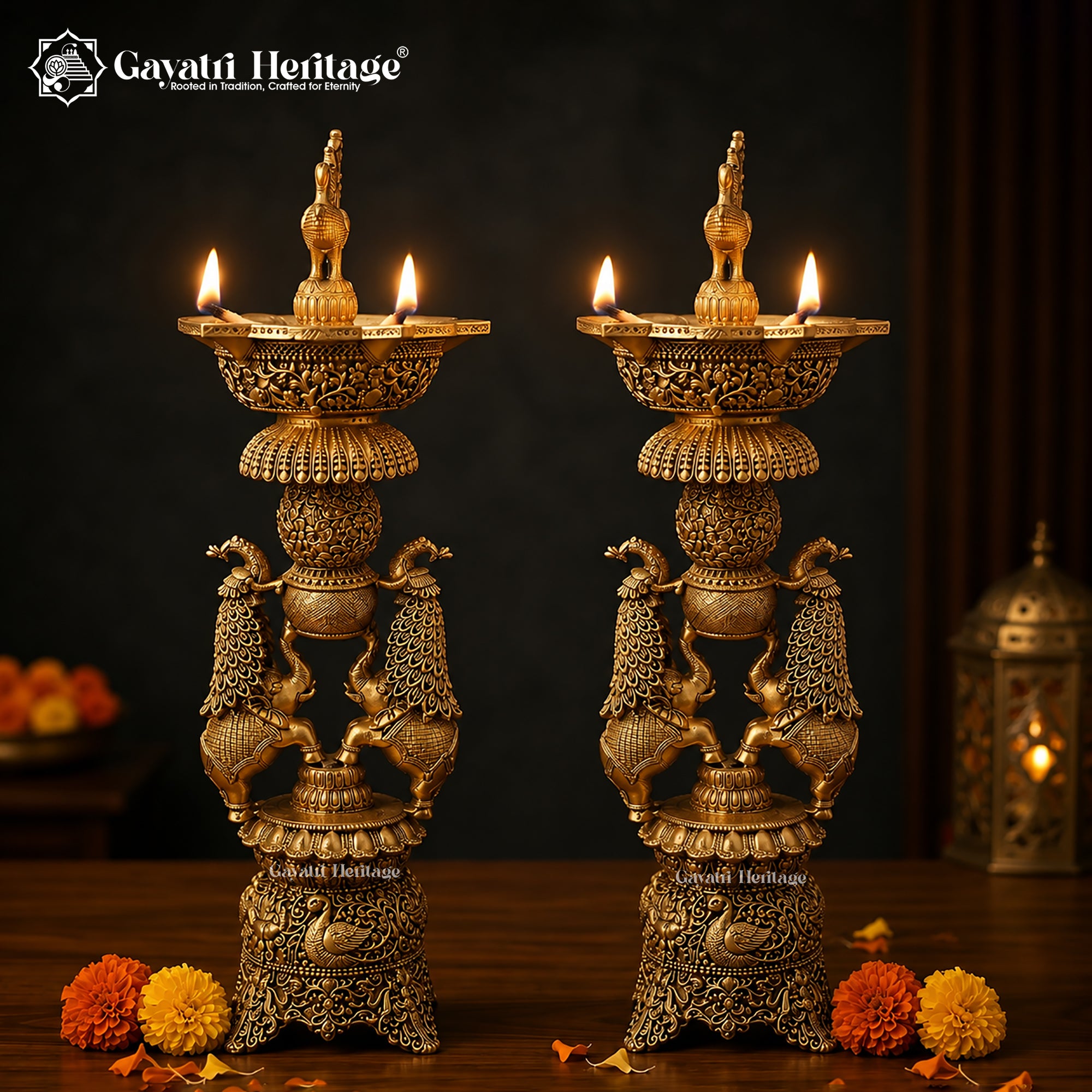 Brass Peacock Elephant Diya Lamp | Handcrafted Indian Pooja Oil Lamp for Home Temple & Diwali Decor