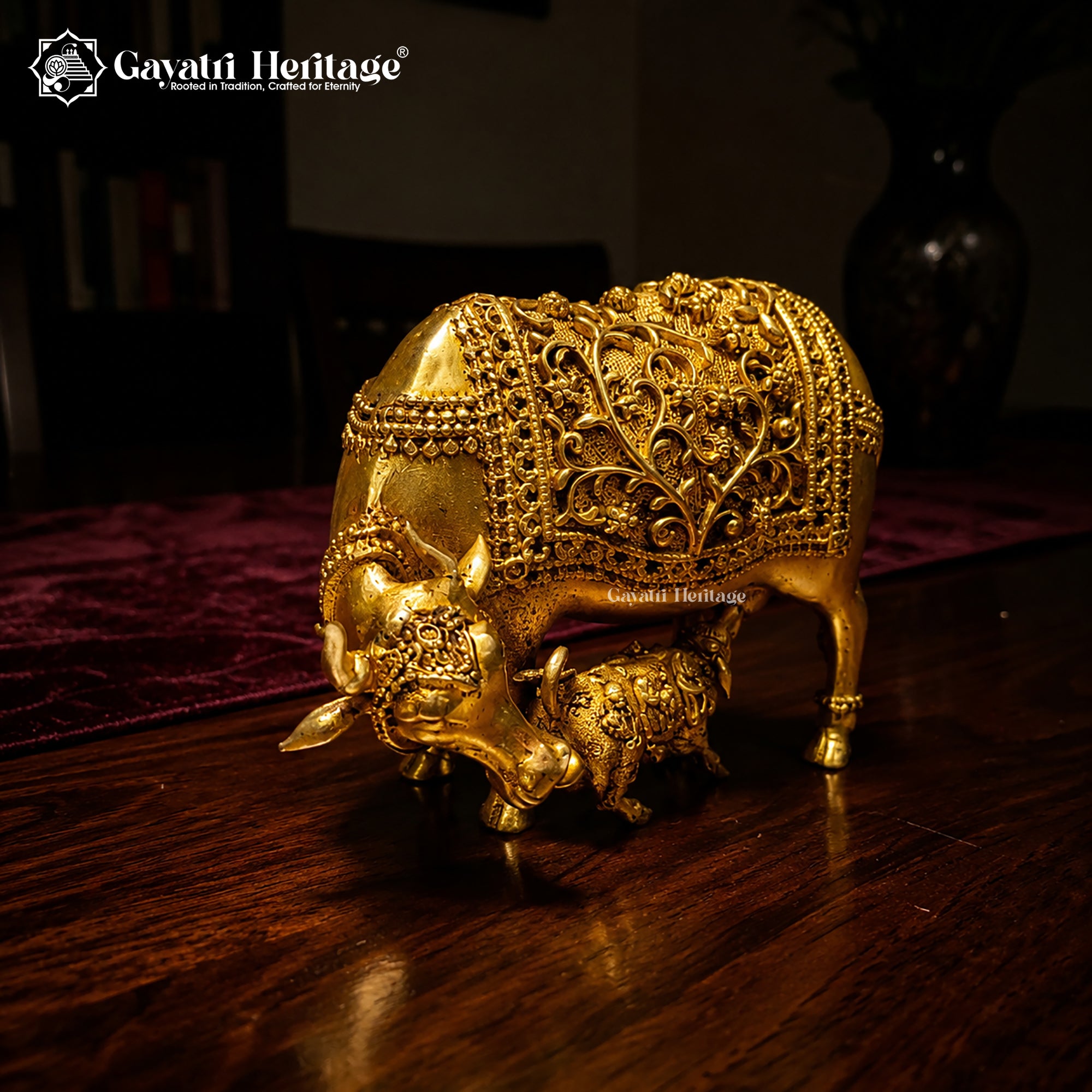Brass Cow and Calf Statue | Antique Gold Sacred Cow Figurine | Vastu Home Decor | Indian Handmade Housewarming Gift