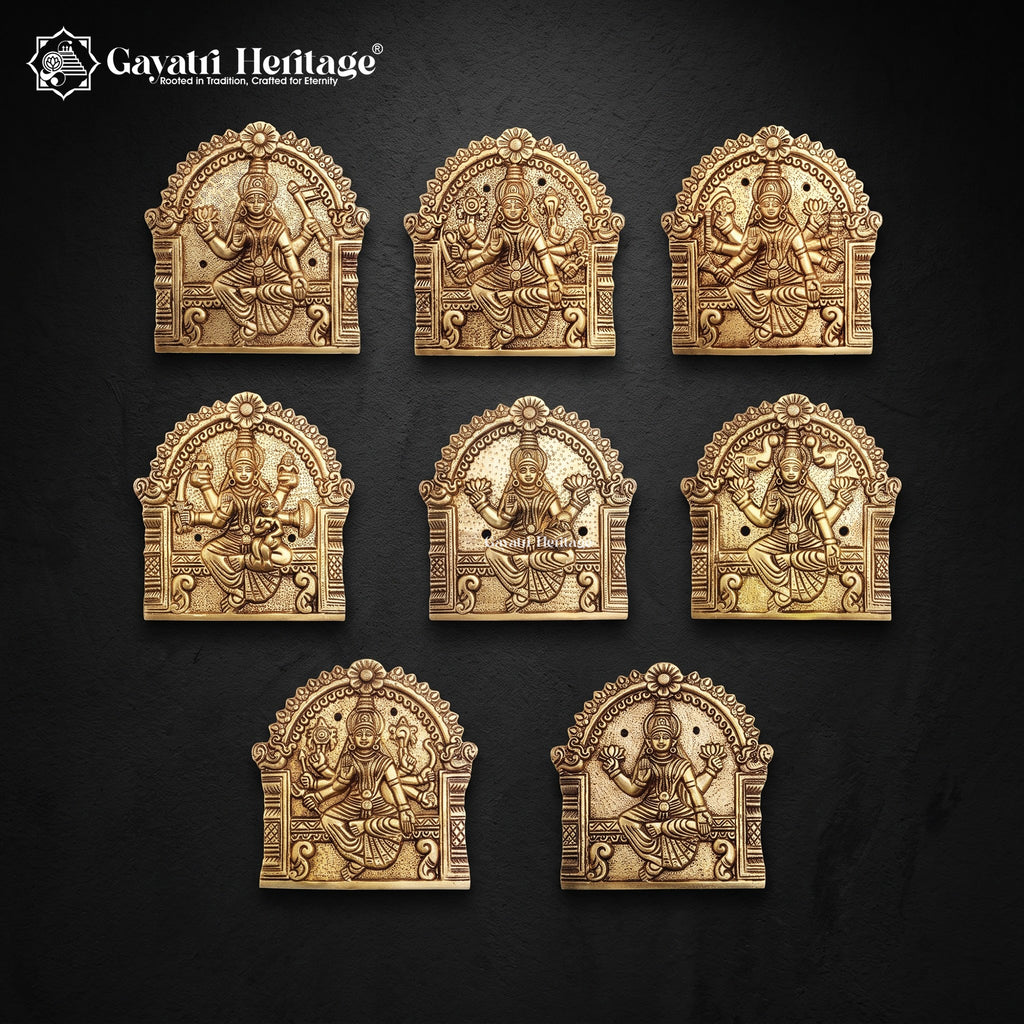 Brass Ashtalakshmi Wall Plaques Set of 8 | Goddess Lakshmi Wall Hanging | Antique Gold Pooja Room Temple Decor