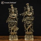 Brass Radha Krishna Statue Pair | Antique Gold Saundaryam Idol | Divine Couple Sculpture