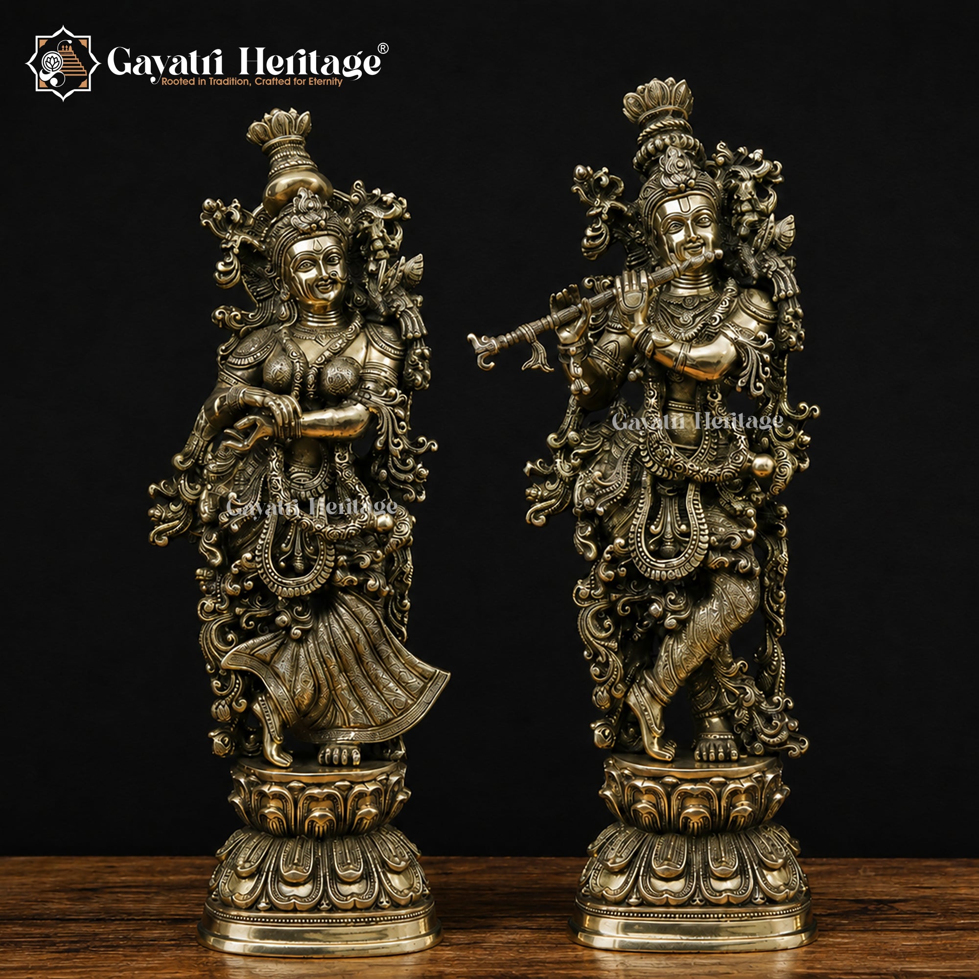 Brass Radha Krishna Statue Pair | Antique Gold Saundaryam Idol | Divine Couple Sculpture