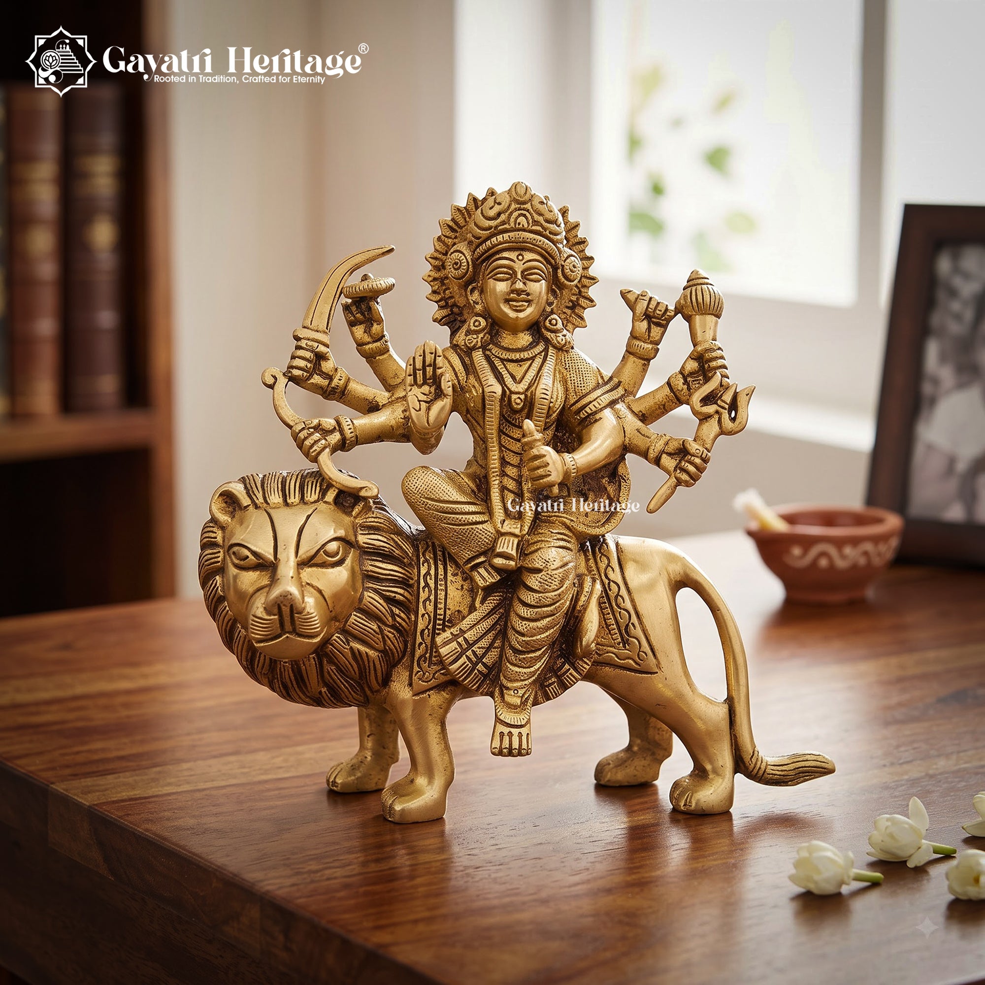 Brass Durga Maa Statue on Lion | Blessing Goddess Sculpture | Sherawali Maa Idol | Hindu Pooja Altar & Home Temple Decor