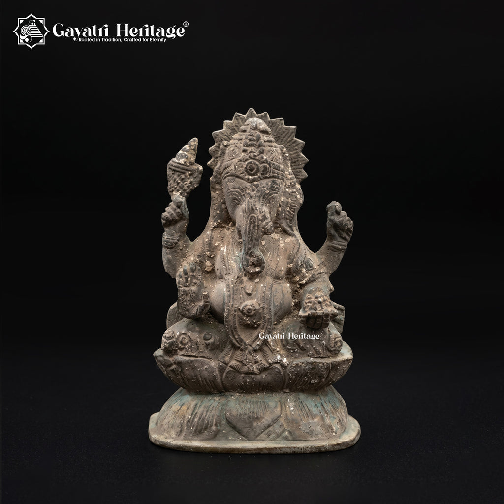 Rare Antique Ganesh Idol Seated on Lotus | Vintage Four-Armed Ganesha Statue | One-of-a-Kind Excavated Finish Sculpture