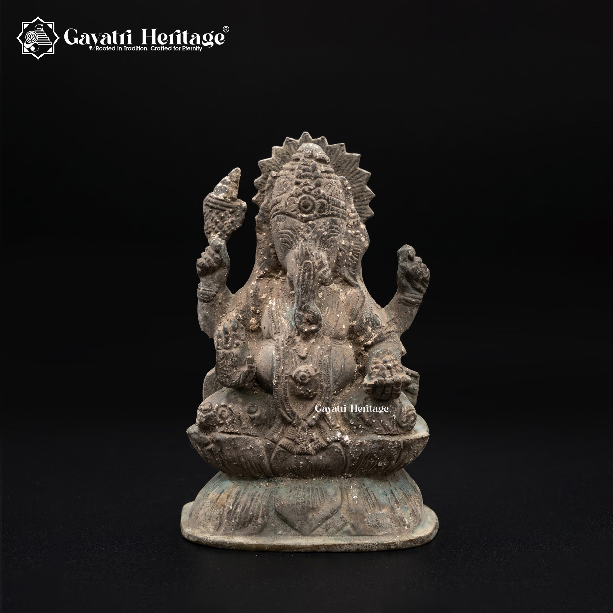 Rare Antique Ganesh Idol Seated on Lotus | Vintage Four-Armed Ganesha Statue | One-of-a-Kind Excavated Finish Sculpture