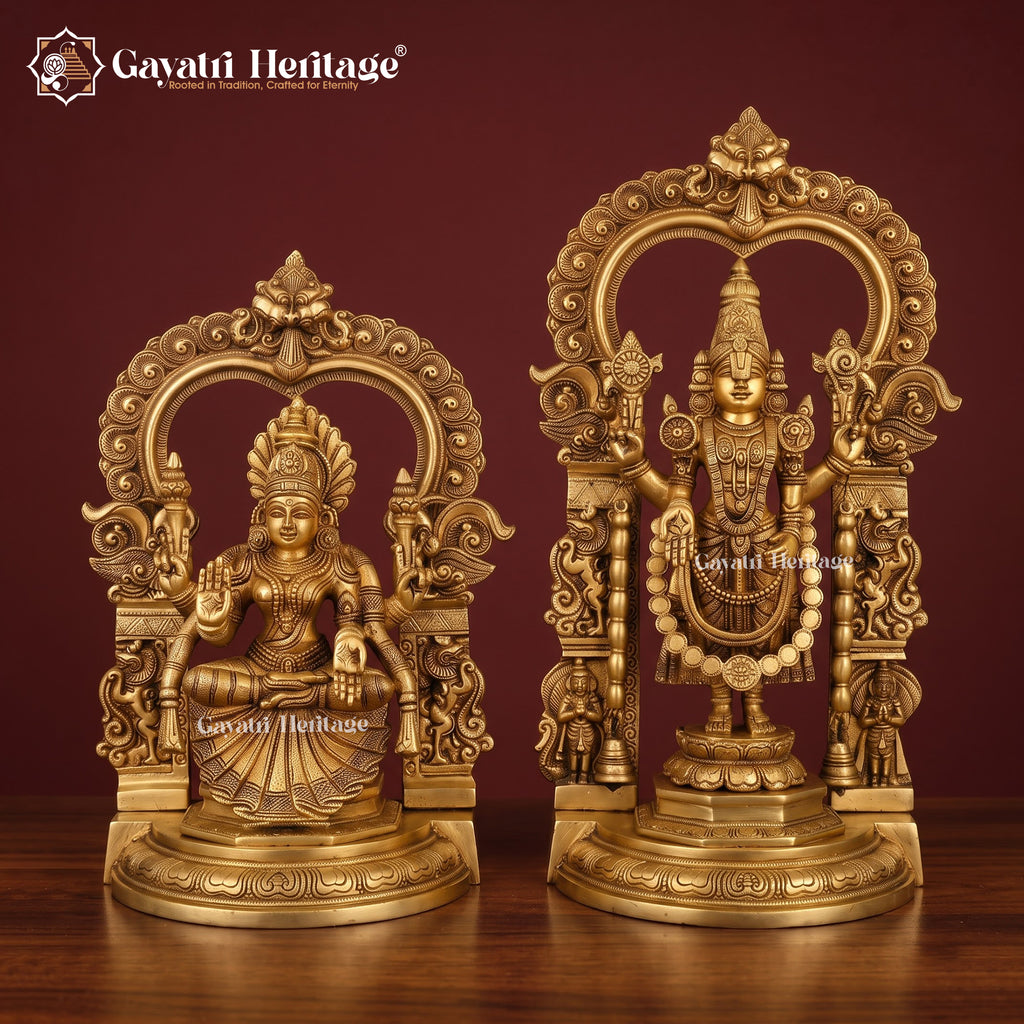 Brass Tirupati Balaji & Padmavathi Statue Pair | Venkateshwara & Goddess Lakshmi Idol | Antique Gold South Indian Temple Decor