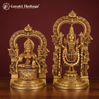 Brass Tirupati Balaji & Padmavathi Statue Pair | Venkateshwara & Goddess Lakshmi Idol | Antique Gold South Indian Temple Decor