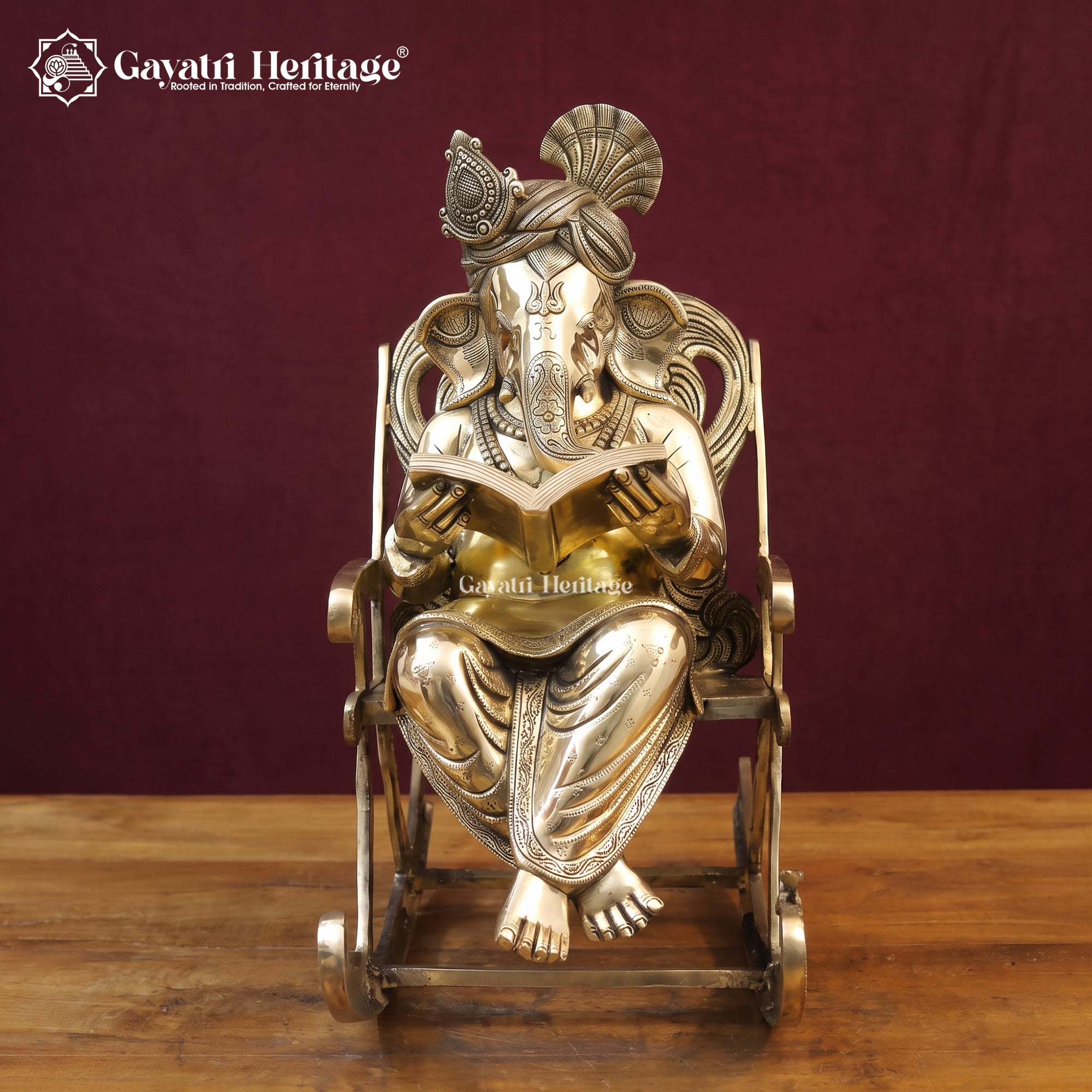 Brass Ganesha Reading Book Statue | Ganesh on Rocking Chair | Antique Sculpture | Unique Home Decor