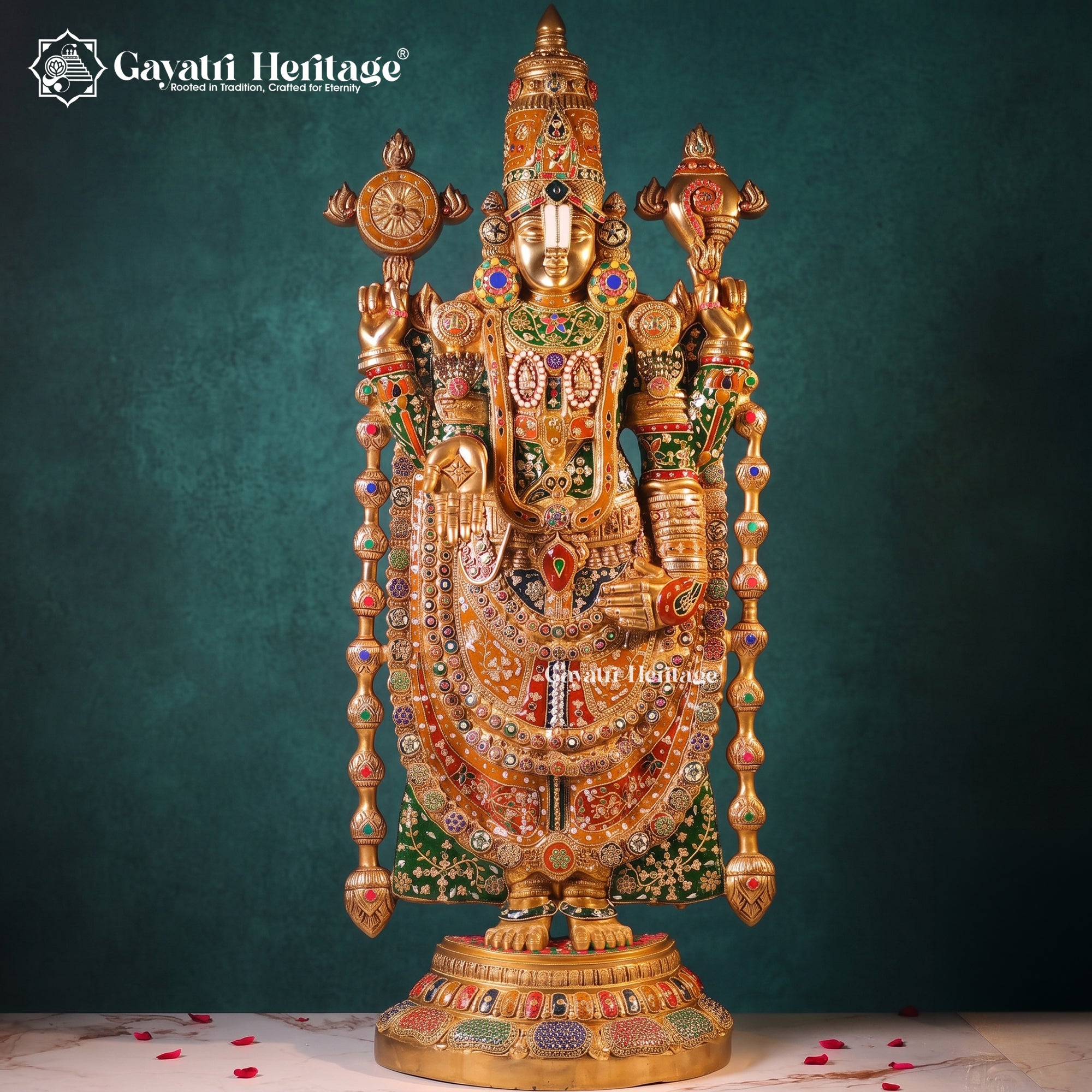 Brass Tirupati Balaji Idol with Colorful Stones | Large Venkateswara Statue for Temple & Home Decor Gayatri Heritage