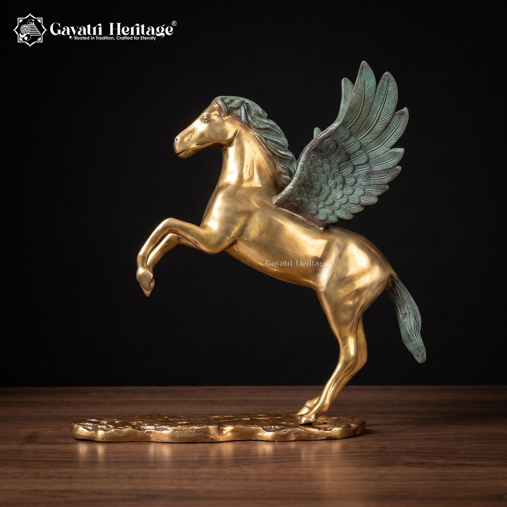 Brass Flying Horse Statue | Golden Pegasus with Patina Wings | Rearing Winged Horse Sculpture