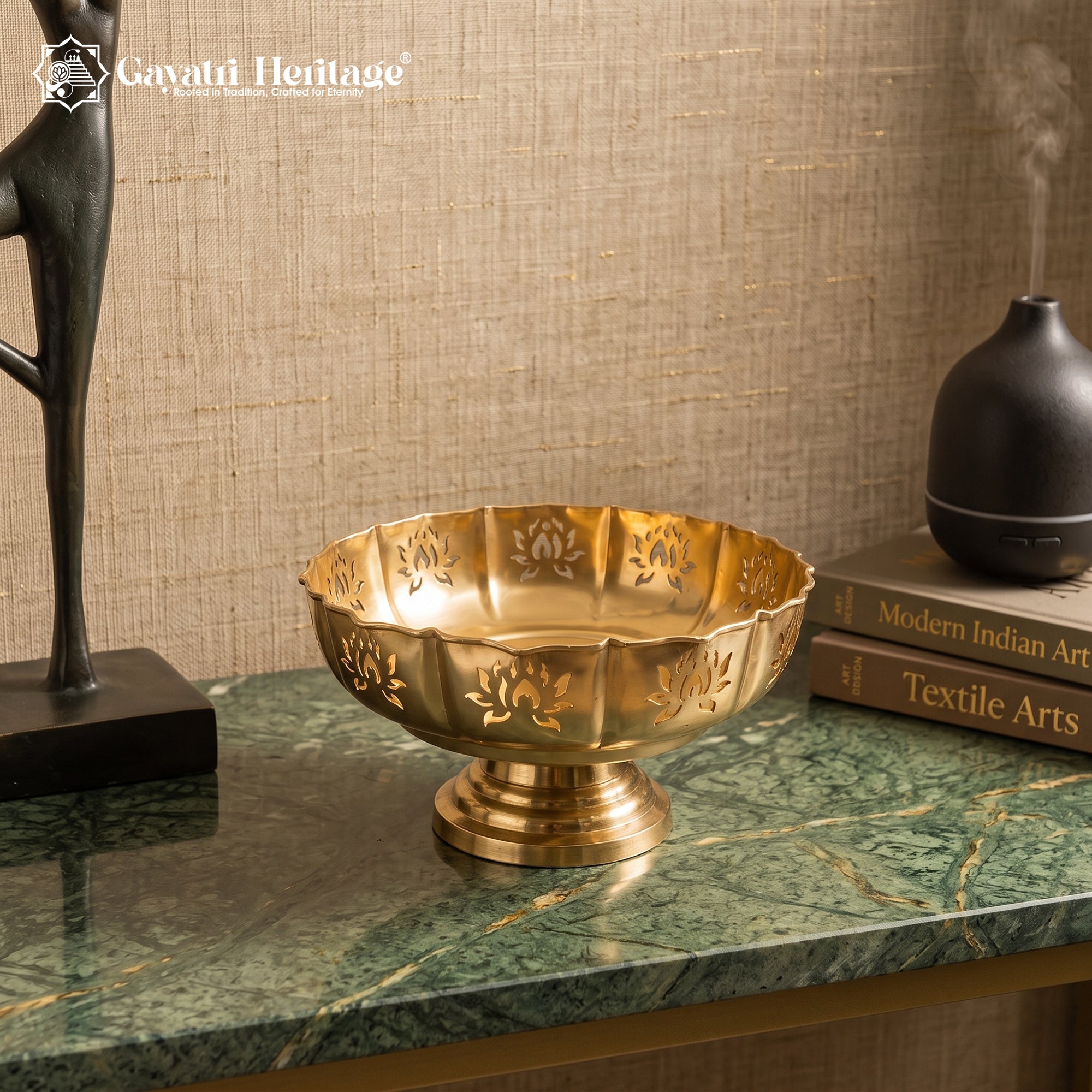 Lotus Cut Work Pedestal Urli Bowl – Antique Gold Puja Décor | Gayatri Heritage