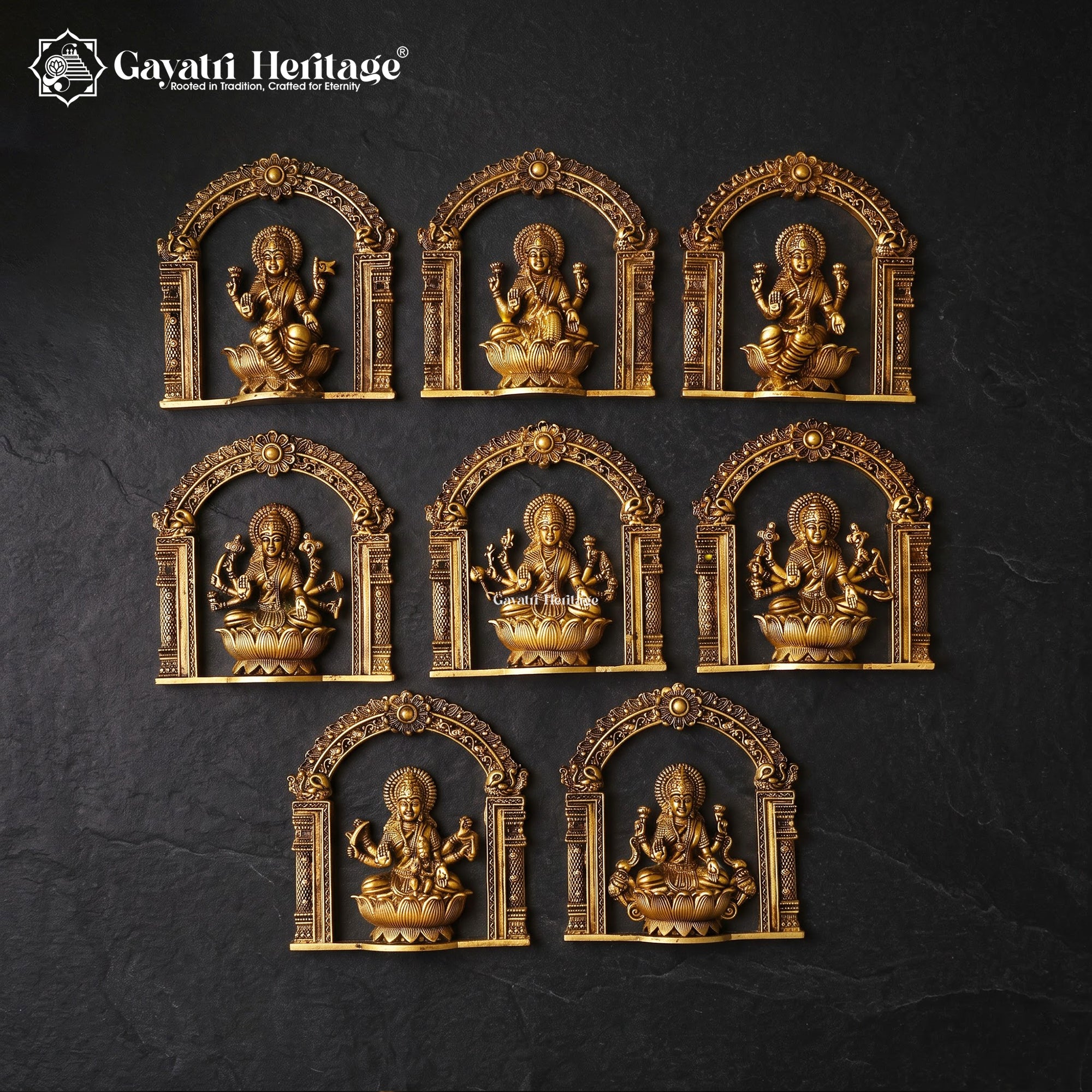 Ashtalakshmi Brass Wall Plaques Set of 8 | 3D Lotus Goddess Lakshmi Sculptures | South Indian Temple Art Decor