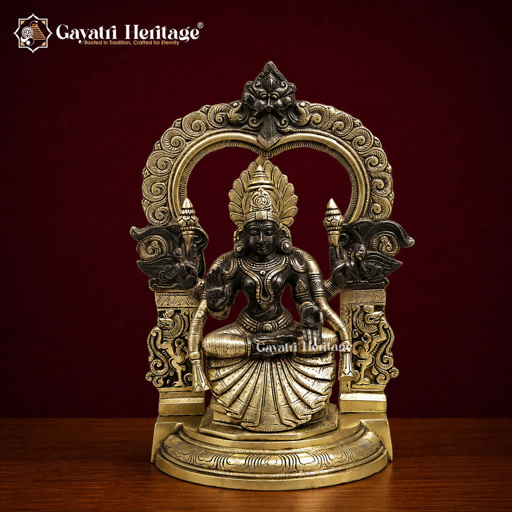 Brass Padmavathi Lakshmi Seated Statue | Gold & Black Antique Finish | Detailed Goddess Idol | South Indian Temple Decor