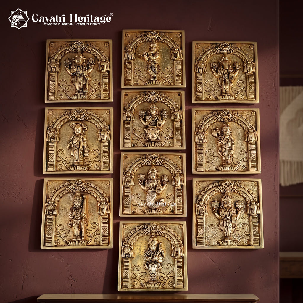 Brass Vishnu Dashavatar Wall Hanging Plate | Handcrafted Engraved Round Brass Wall Decor